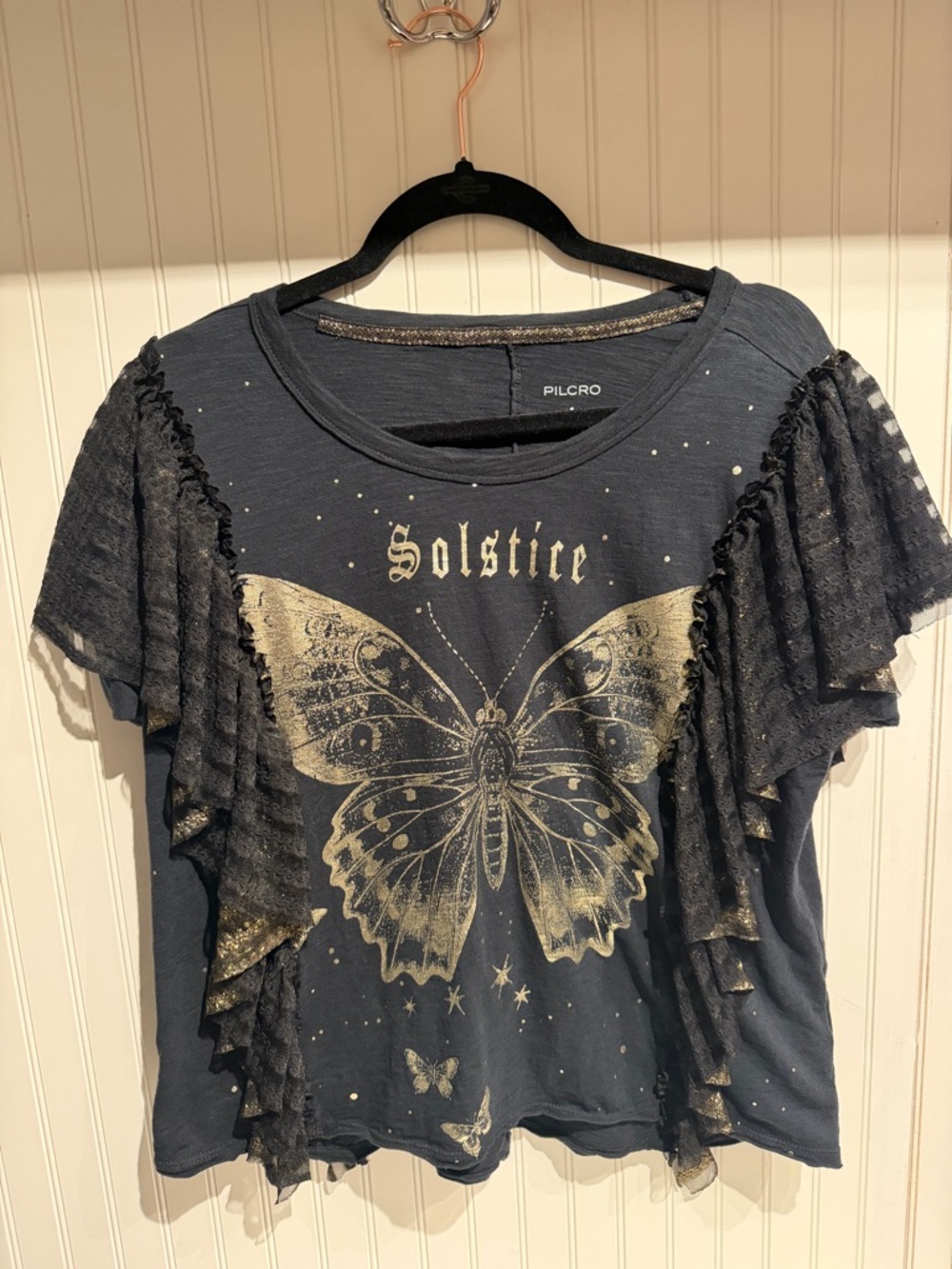Pilcro Black Tee with Gold Butterfly Graphic and Ruffle Sleeves